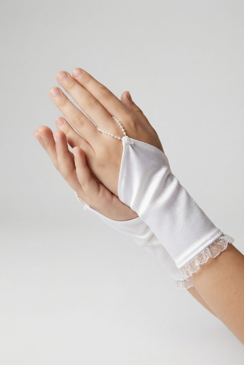 guanti comunione bambina, guanti prima comunione, guanti con pizzo e perline, accessori comunione bambina, guanti eleganti per cerimonia, guanti comunione bianchi, guanti corti bambina