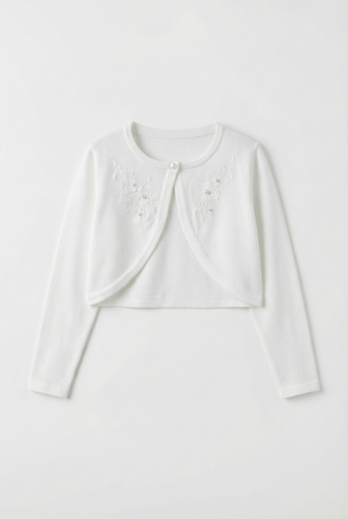 bolerino bambina, bolerino elegante, bolerino bianco panna, bolerino comunione, bolerino cerimonia, abbigliamento bambina, bolerino con perline, abiti per eventi bambina