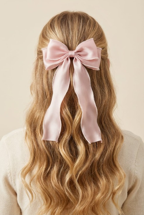 fermaglio capelli bambina, fiocco capelli rosa, accessori capelli eleganti, fermaglio cerimonia bambina, fiocco lungo bambina, accessorio comunione bambina, regalo bambina elegante