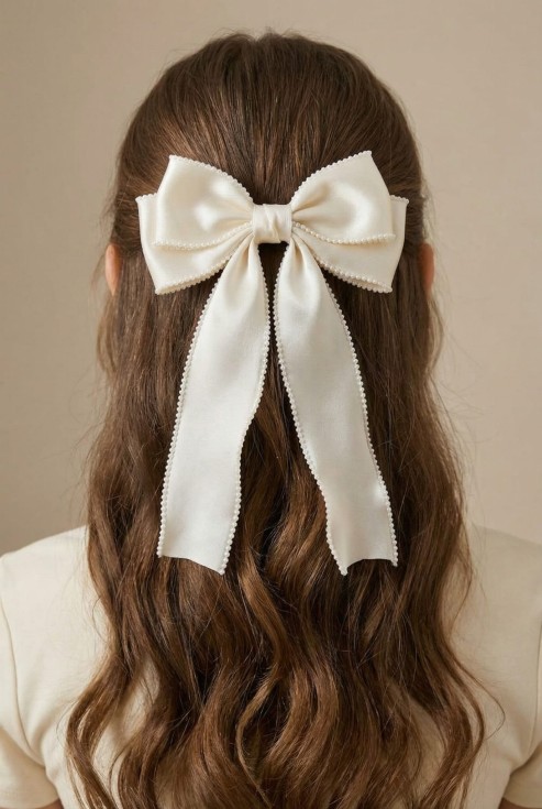 ferm aglio capelli bambina, fiocco organza perline, accessori capelli cerimonia, fermaglio elegante comunione, regalo bambina elegante, fermaglio fiocco matrimonio, accessorio capelli festa, fermaglio decorativo bambina