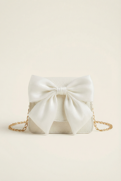 borsetta bambina elegante, borsetta bianca con fiocco, borsetta cerimonia bambina, accessori moda bambina, borsetta comunione, regalo bambina, borsetta con catenella dorata, borsetta battesimo bambina