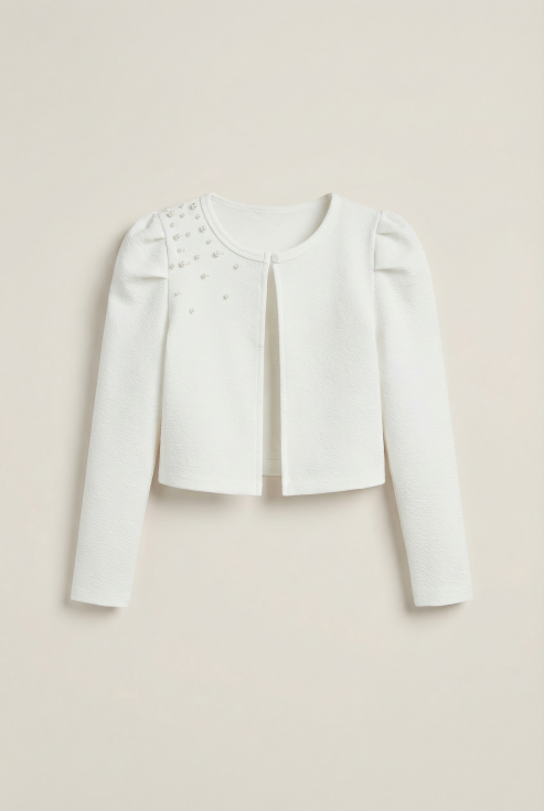 bolero bambina, bolero con perle, abbigliamento formale bambina, bolero ecru bambina, moda bambina cerimonia, bolero primavera estate bambina