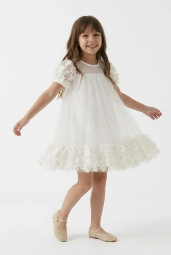 Vestito Elegante per Bambina Romy Color Crema con Fiori 3D in Tulle