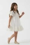 vestito elegante bambina crema, abito tulle bambina fiori 3D, vestito comunione bambina, vestito battesimo bambina, abito romy zoya fashion, moda bambini italia