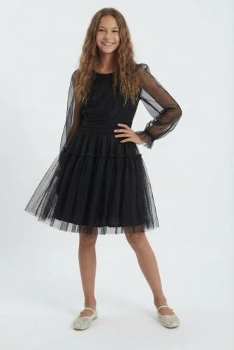 Holly Vestito in Tulle Nero per Bambina con Maniche Lunghe