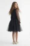 vestito tulle nero bambina, abito cerimonia bambina maniche lunghe, vestito elegante ragazza nero, abito holly zoya fashion, vestito festa bambina tulle, moda bambini italia