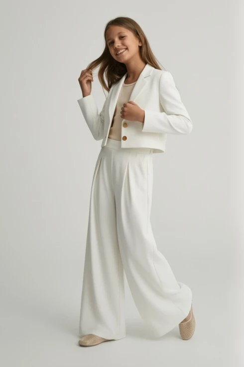 Elegante completo da bambina Emi bianco, vista principale, abbigliamento da cerimonia per bambina, ZOYA Fashion