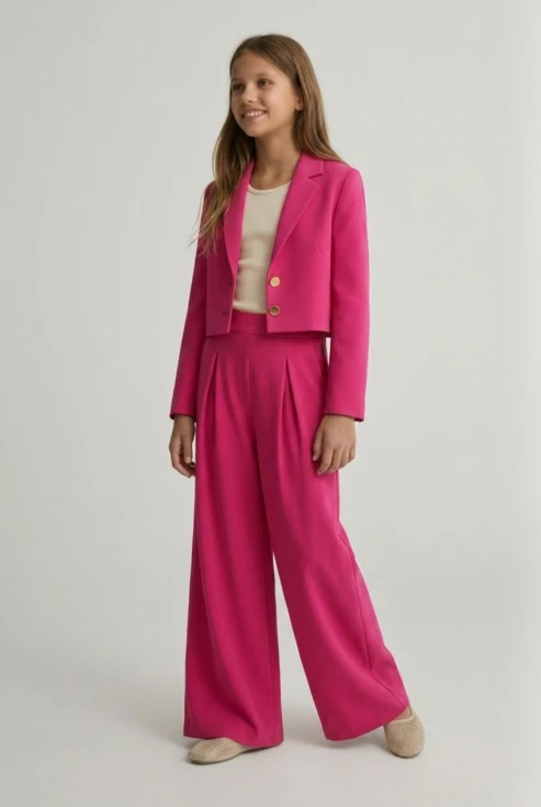 Elegante completo da bambina Emi fucsia, vista principale, abbigliamento da cerimonia per bambina, ZOYA Fashion