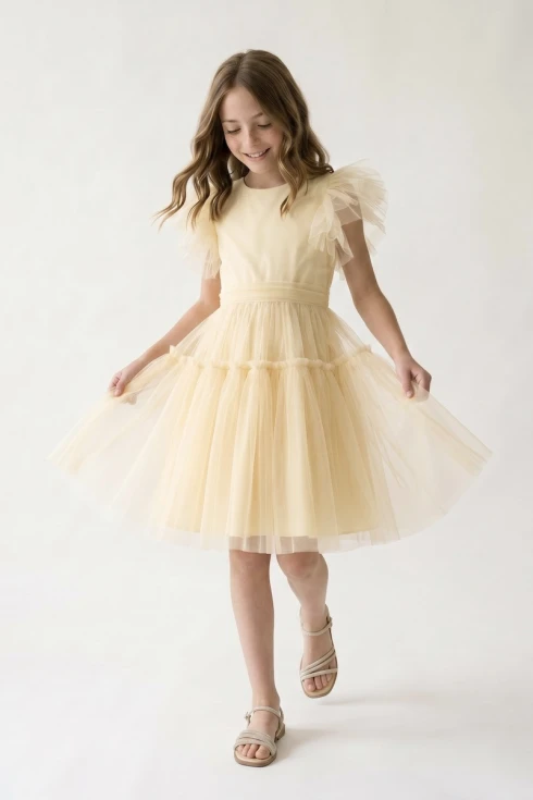 abito cerimonia Paola giallo tulle bambina, piume maniche