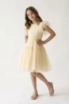 abito bambina giallo svasato tulle, vista frontale