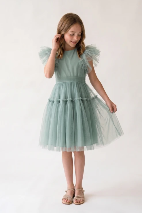 abito cerimonia Paola verde menta tulle bambina