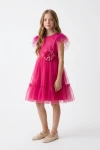 abito cerimonia Gabi fucsia tulle bambina, piume