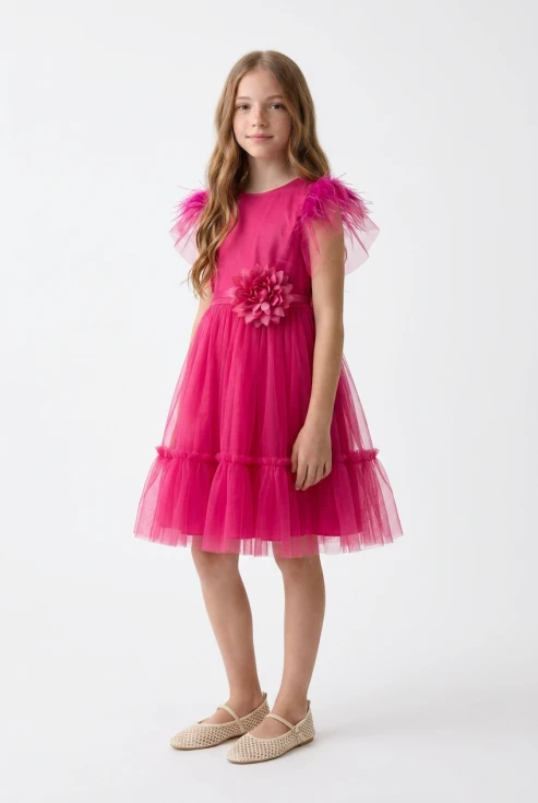 abito cerimonia Gabi fucsia tulle bambina, piume