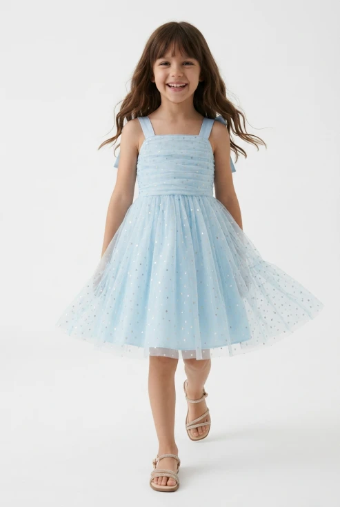 abito cerimonia Rina azzurro tulle glitter bambina