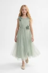 abito maxi bambina verde salvia svasato frontale