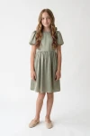 abito cerimonia Sia verde salvia satinato bambina