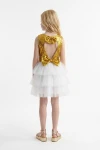 Abito Riva bianco e oro – schiena con apertura a goccia e due fiocchi di paillettes, gonna in tulle bianco