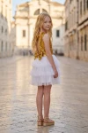 Abito Riva bianco e oro all'aperto – schiena con apertura e fiocco di paillettes, gonna in tulle