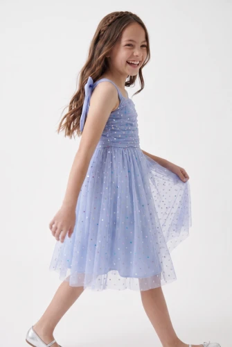 Abito in tulle con paillettes e pois colorati Rina azzurro fiordaliso per bambina e ragazza – matrimoni e feste