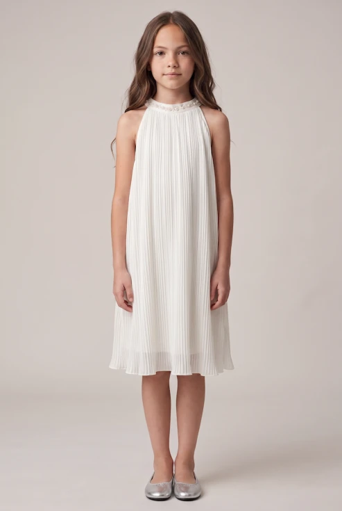Abito Rozalia bianco plissé per bambina e ragazza con scollo all'americana e perline – figura intera, vista frontale