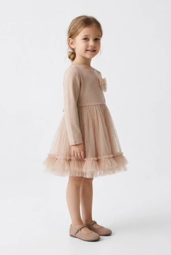 Abito con gonna in tulle e maniche lunghe Iga beige per bambina – matrimoni, Natale e feste