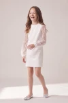 Abito Vivienne bianco – maniche ampie in tulle con paillettes e polsini arricciati, vista frontale