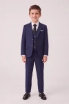 Completo Liam blu navy per bambino – giacca, gilet, pantaloni e cravatta indossati, vista frontale