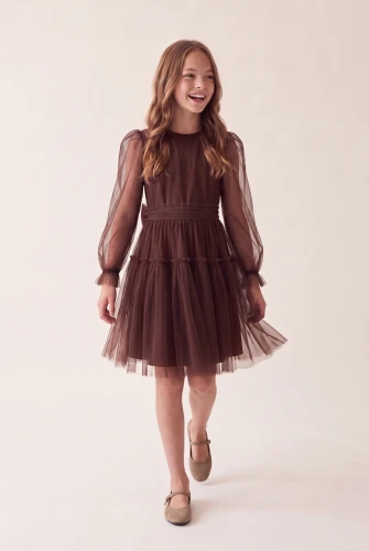 Abito con maniche in tulle e fiocco in vita Holly marrone cioccolato per bambina e ragazza – Natale e feste