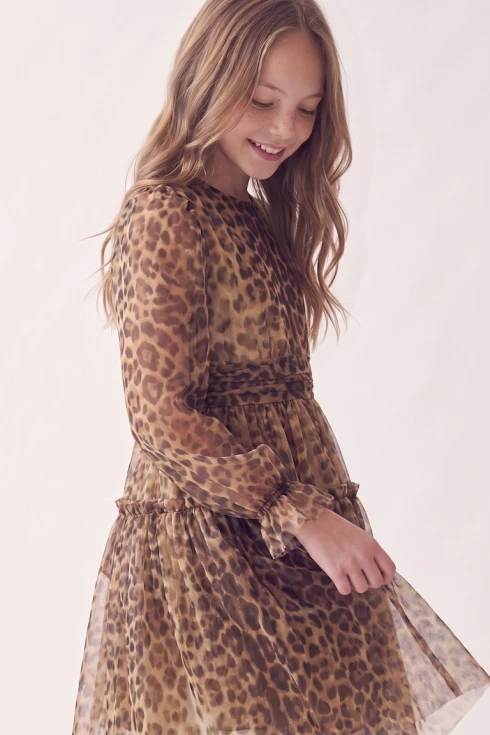 Abito Holly leopardato per bambina – manica in tulle con balza al polso, vista laterale