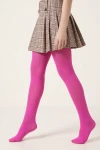 Collant fucsia per bambina con gonna plissé a quadri – vista laterale in cammino