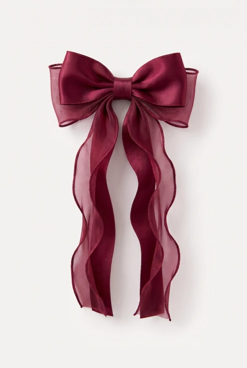 Fermaglio per capelli con fiocco bordeaux in raso e organza – vista frontale su fondo bianco
